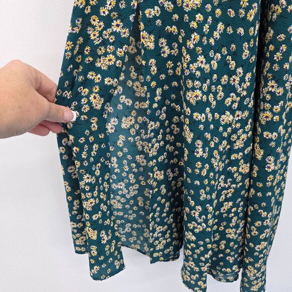 Womens L Green Yellow Floral Print Midi Dress w/Sweetheart Neckline &‎ Tie Back - Picture 5 of 13